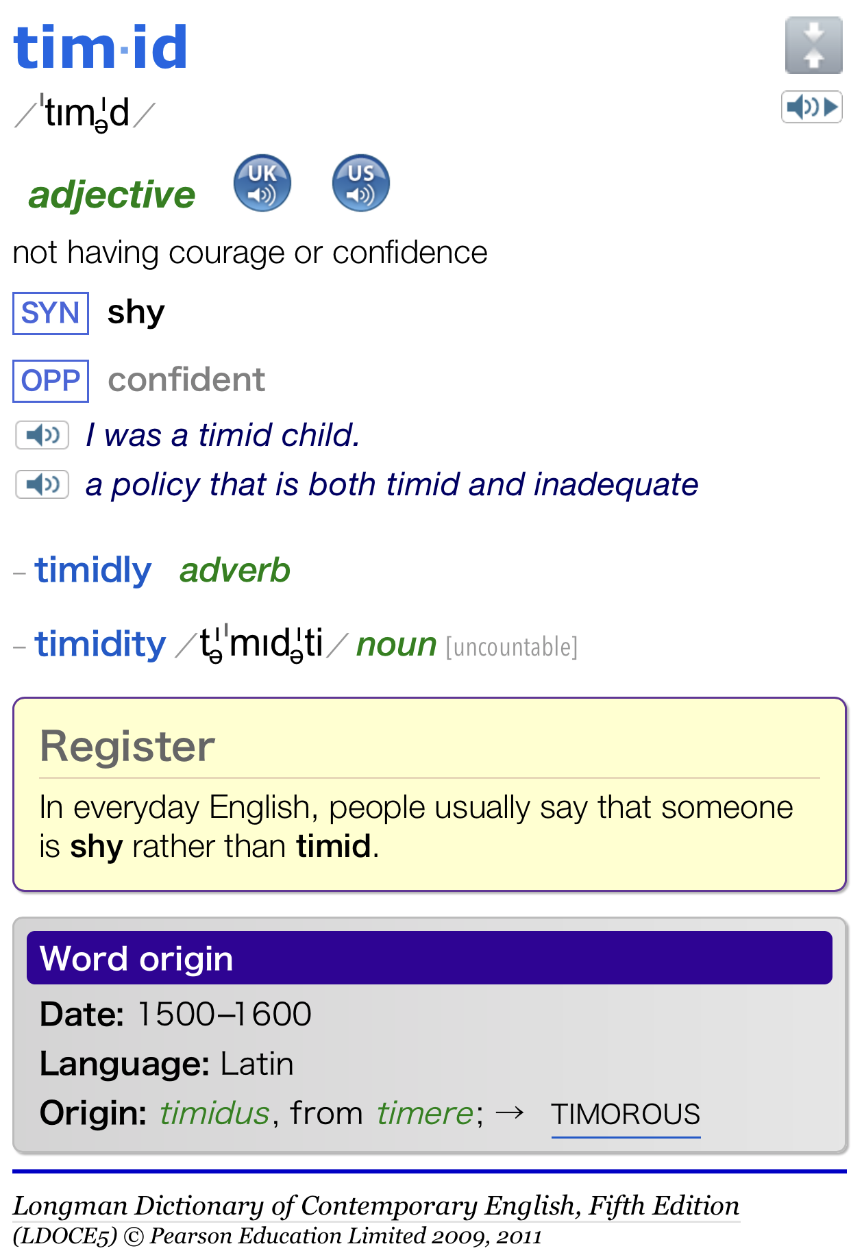 longman dictionary timid